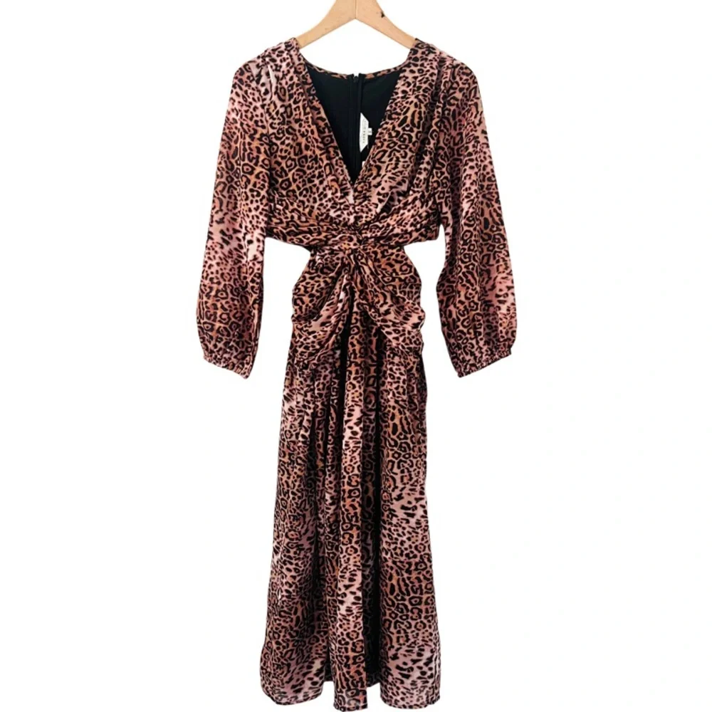 ANTHROPOLOGIE RANA GILL Long Sleeve Cutout Midi Dress in Leopard Size S